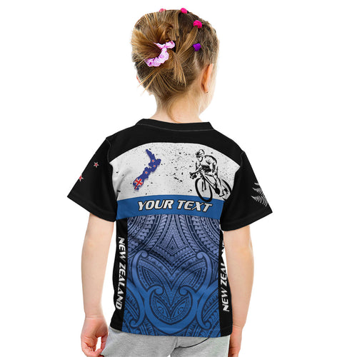 Personalised Cycling New Zealand Kid T Shirt Aotearoa Map Fern Maori Pattern