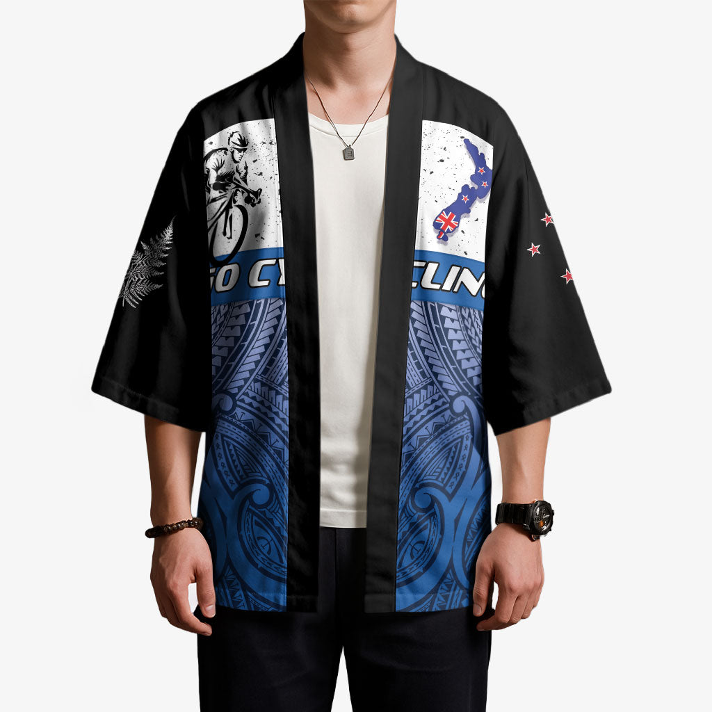 Personalised Cycling New Zealand Kimono Aotearoa Map Fern Maori Pattern