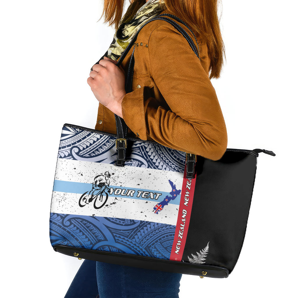 Personalised Cycling New Zealand Leather Tote Bag Aotearoa Map Fern Maori Pattern