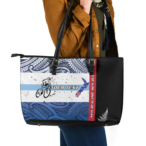 Personalised Cycling New Zealand Leather Tote Bag Aotearoa Map Fern Maori Pattern
