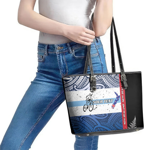Personalised Cycling New Zealand Leather Tote Bag Aotearoa Map Fern Maori Pattern