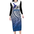 Personalised Cycling New Zealand Long Sleeve Bodycon Dress Aotearoa Map Fern Maori Pattern