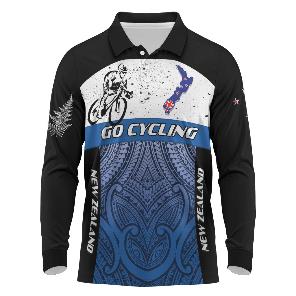 Personalised Cycling New Zealand Long Sleeve Polo Shirt Aotearoa Map Fern Maori Pattern