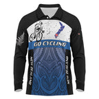 Personalised Cycling New Zealand Long Sleeve Polo Shirt Aotearoa Map Fern Maori Pattern