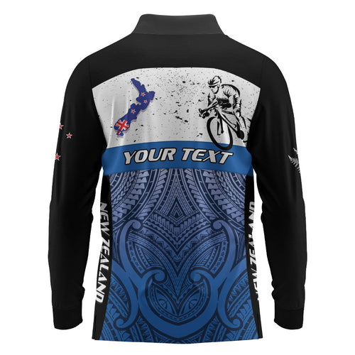 Personalised Cycling New Zealand Long Sleeve Polo Shirt Aotearoa Map Fern Maori Pattern