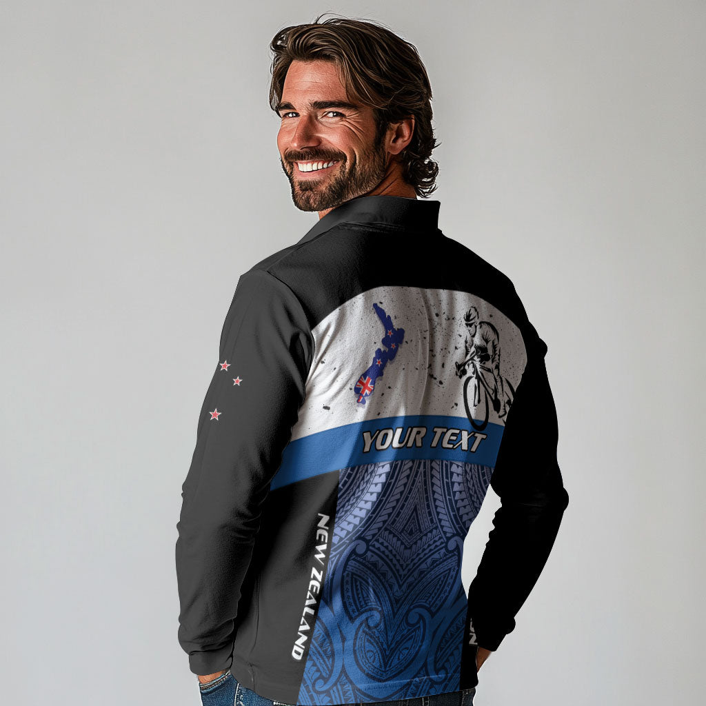 Personalised Cycling New Zealand Long Sleeve Polo Shirt Aotearoa Map Fern Maori Pattern