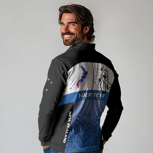 Personalised Cycling New Zealand Long Sleeve Polo Shirt Aotearoa Map Fern Maori Pattern