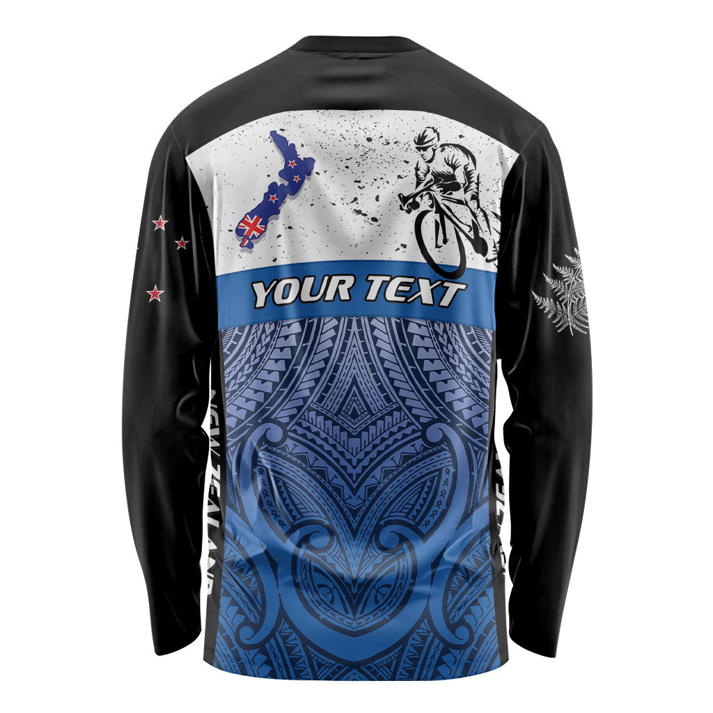 Personalised Cycling New Zealand Long Sleeve Shirt Aotearoa Map Fern Maori Pattern