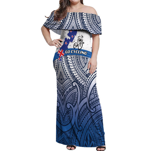 Personalised Cycling New Zealand Off Shoulder Maxi Dress Aotearoa Map Fern Maori Pattern