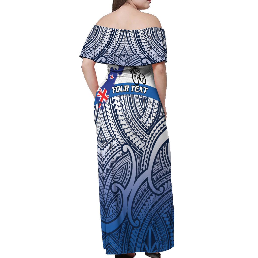 Personalised Cycling New Zealand Off Shoulder Maxi Dress Aotearoa Map Fern Maori Pattern