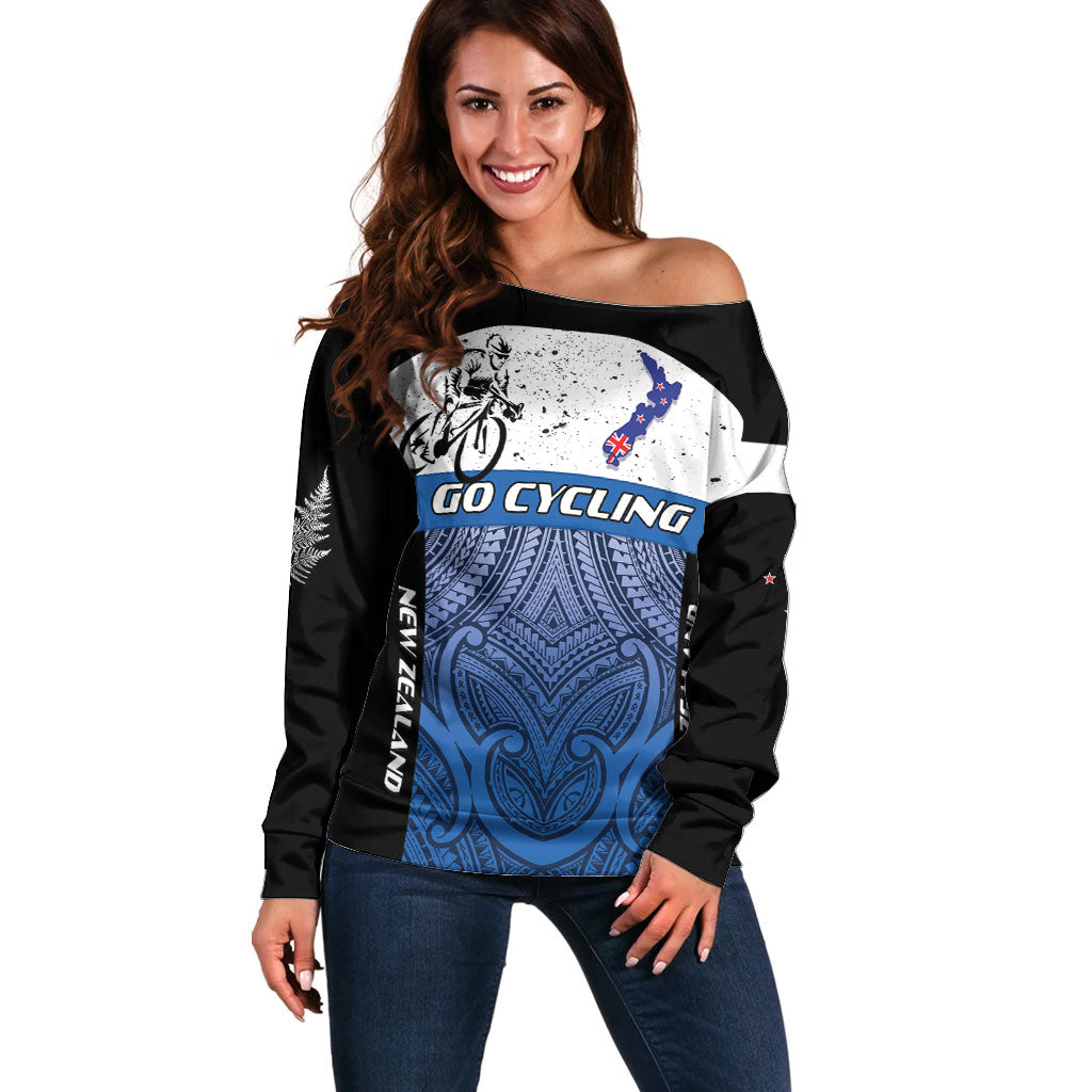 Personalised Cycling New Zealand Off Shoulder Sweater Aotearoa Map Fern Maori Pattern