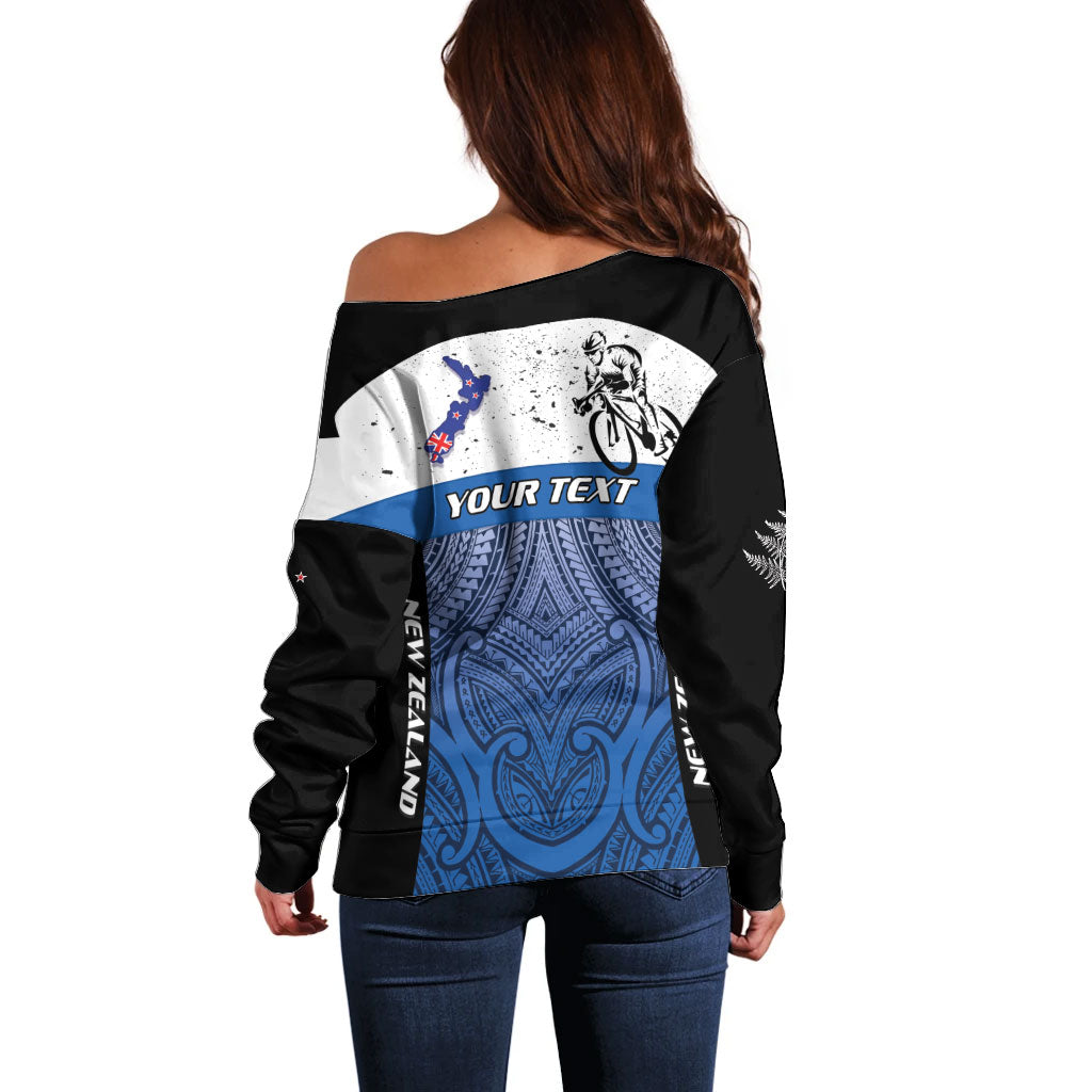 Personalised Cycling New Zealand Off Shoulder Sweater Aotearoa Map Fern Maori Pattern