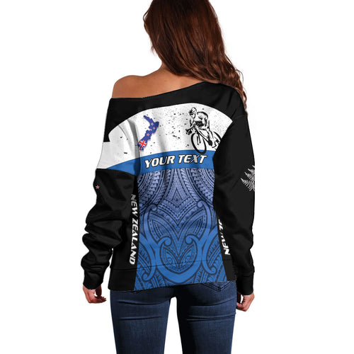Personalised Cycling New Zealand Off Shoulder Sweater Aotearoa Map Fern Maori Pattern