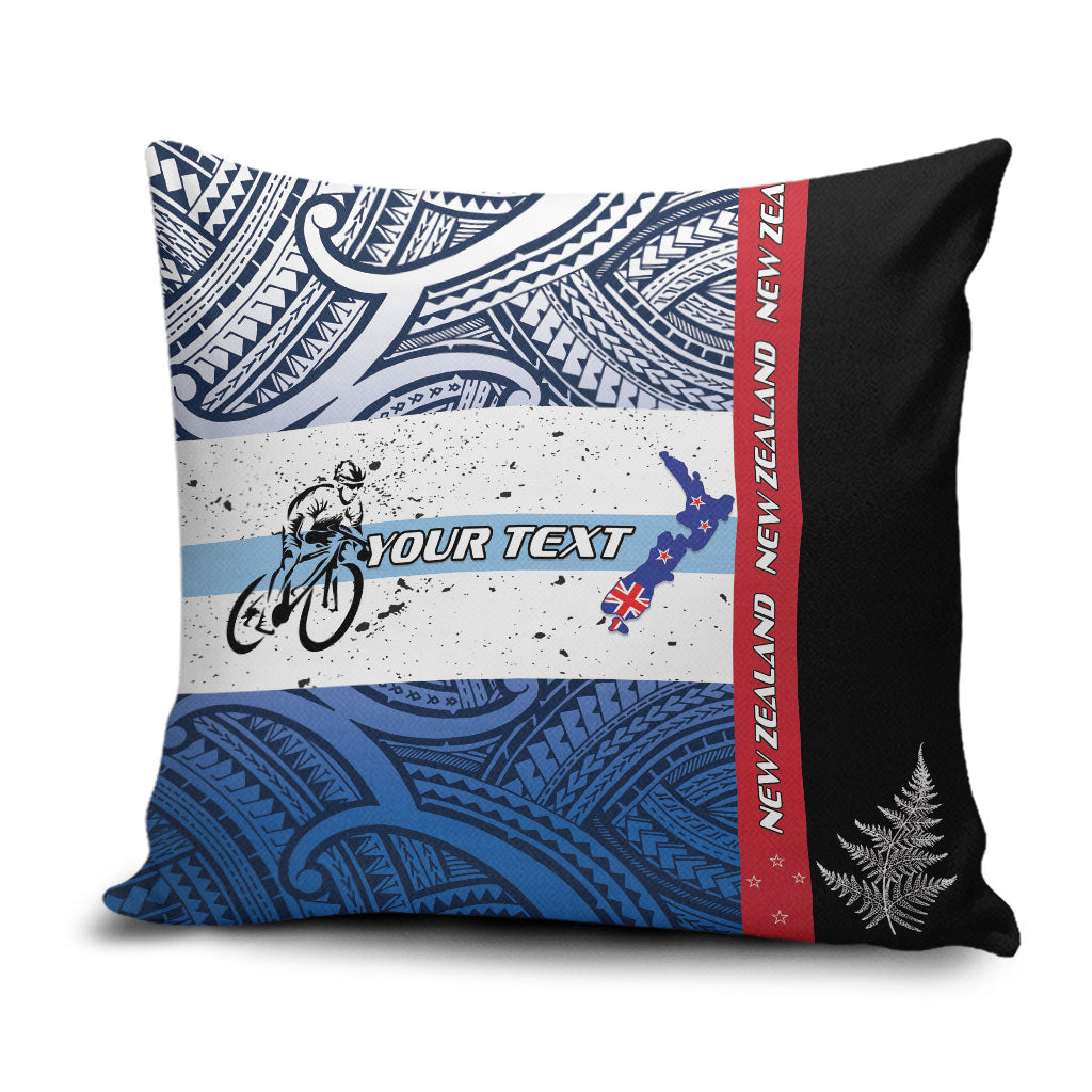 Personalised Cycling New Zealand Pillow Cover Aotearoa Map Fern Maori Pattern