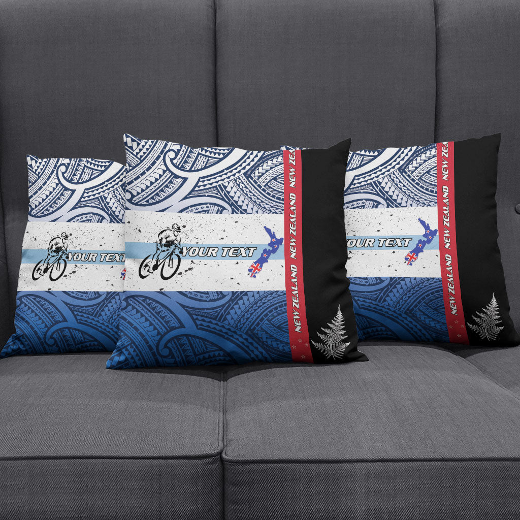 Personalised Cycling New Zealand Pillow Cover Aotearoa Map Fern Maori Pattern