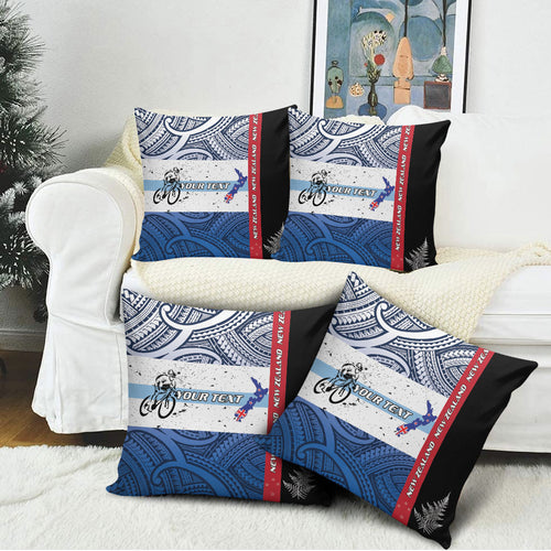 Personalised Cycling New Zealand Pillow Cover Aotearoa Map Fern Maori Pattern