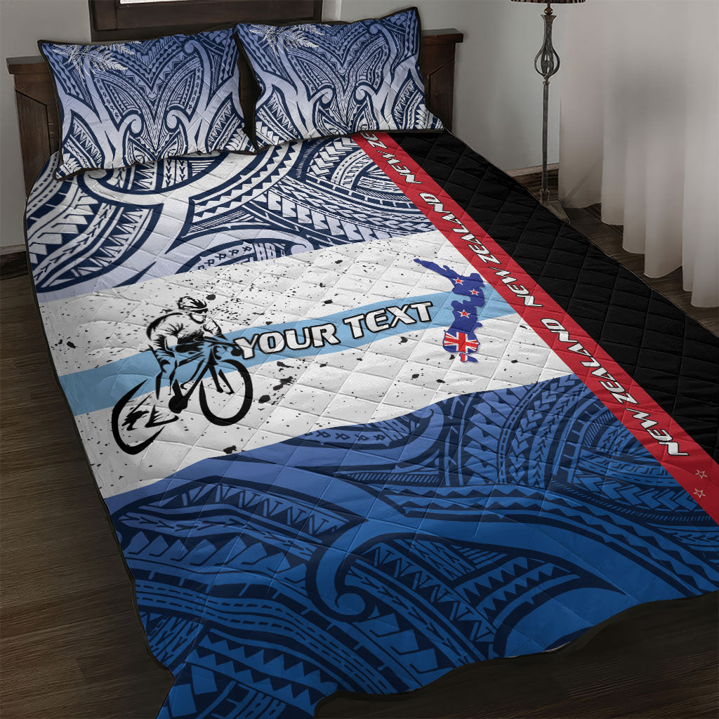 Personalised Cycling New Zealand Quilt Bed Set Aotearoa Map Fern Maori Pattern