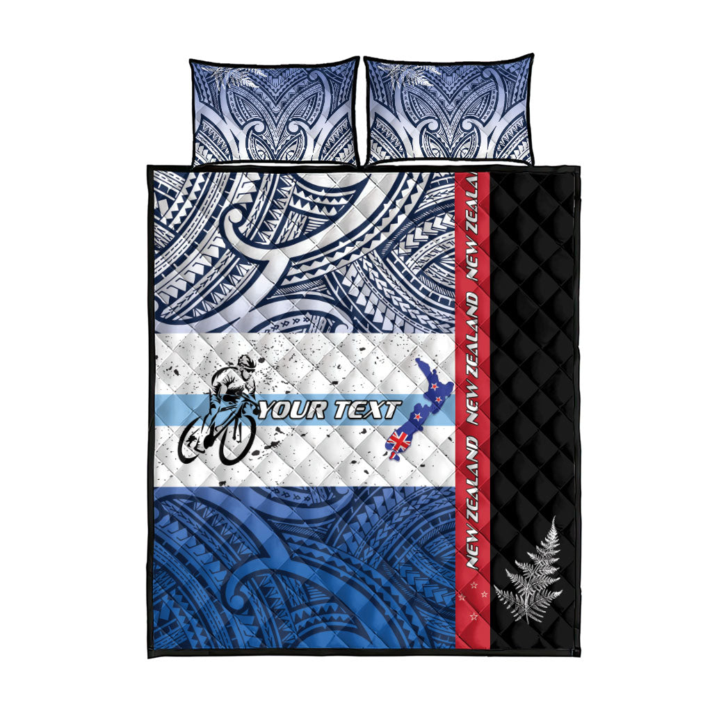 Personalised Cycling New Zealand Quilt Bed Set Aotearoa Map Fern Maori Pattern