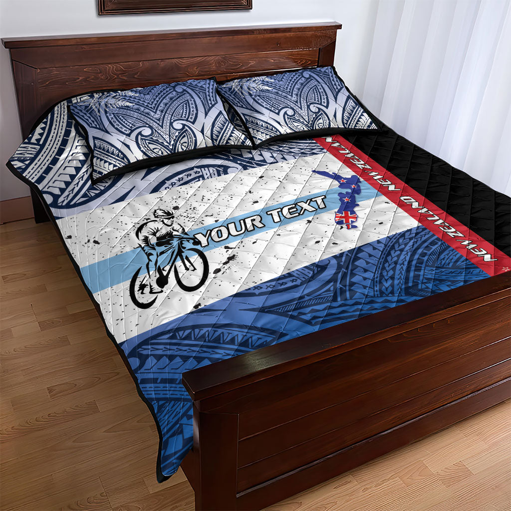 Personalised Cycling New Zealand Quilt Bed Set Aotearoa Map Fern Maori Pattern