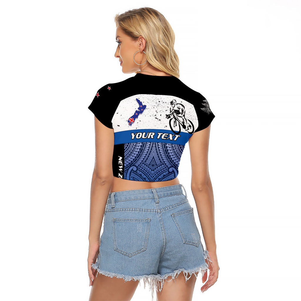 Personalised Cycling New Zealand Raglan Cropped T Shirt Aotearoa Map Fern Maori Pattern