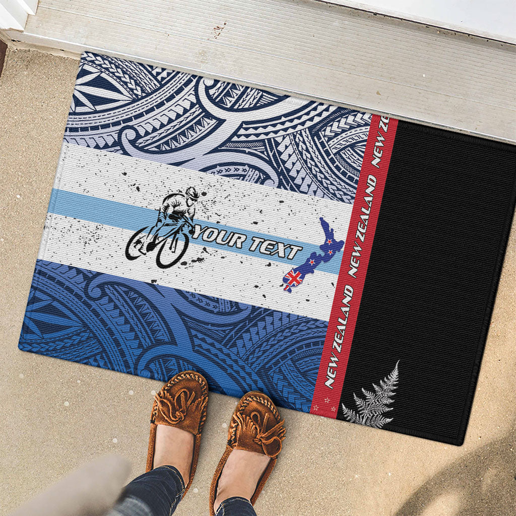 Personalised Cycling New Zealand Rubber Doormat Aotearoa Map Fern Maori Pattern