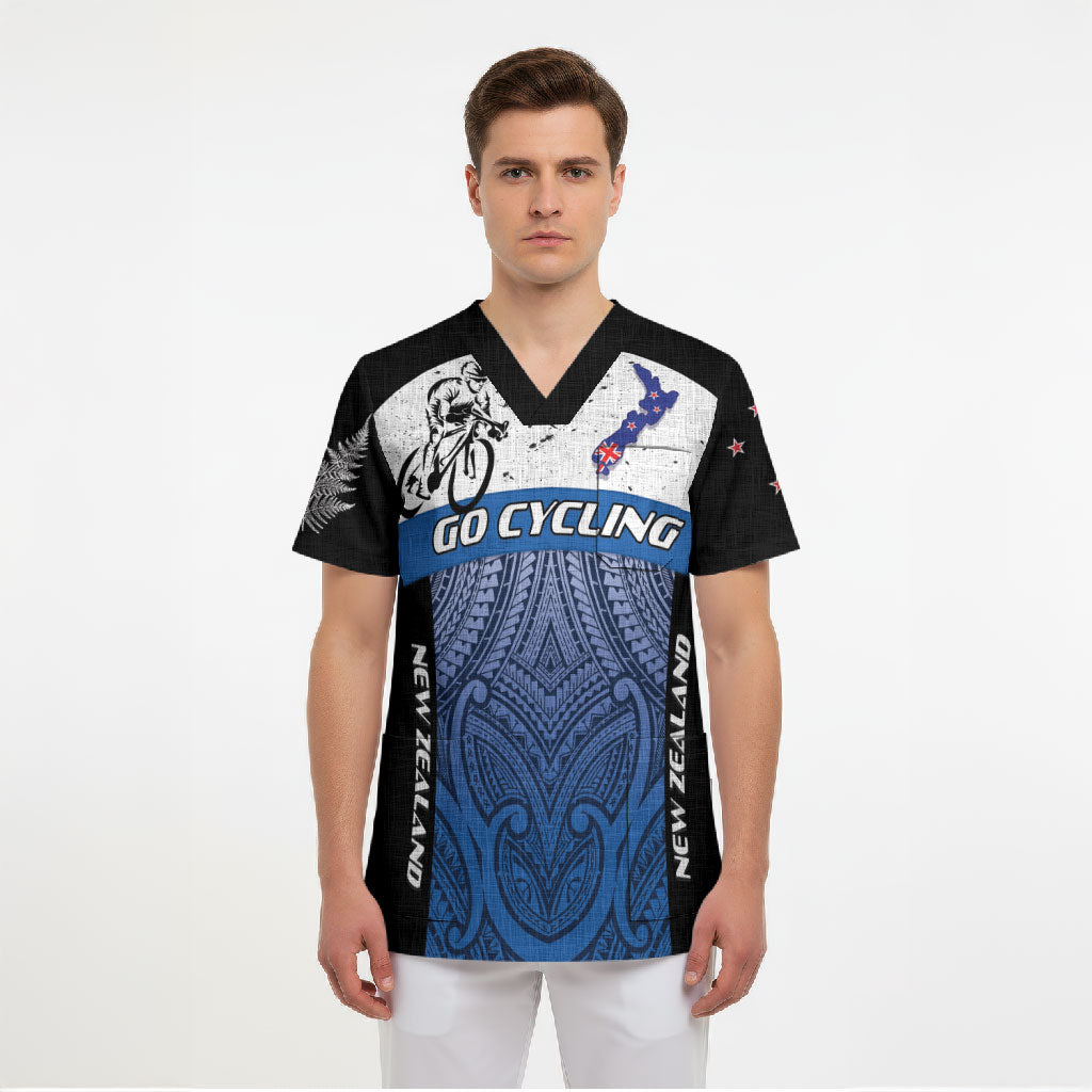 Personalised Cycling New Zealand Scrub Top Aotearoa Map Fern Maori Pattern