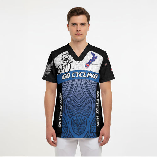 Personalised Cycling New Zealand Scrub Top Aotearoa Map Fern Maori Pattern