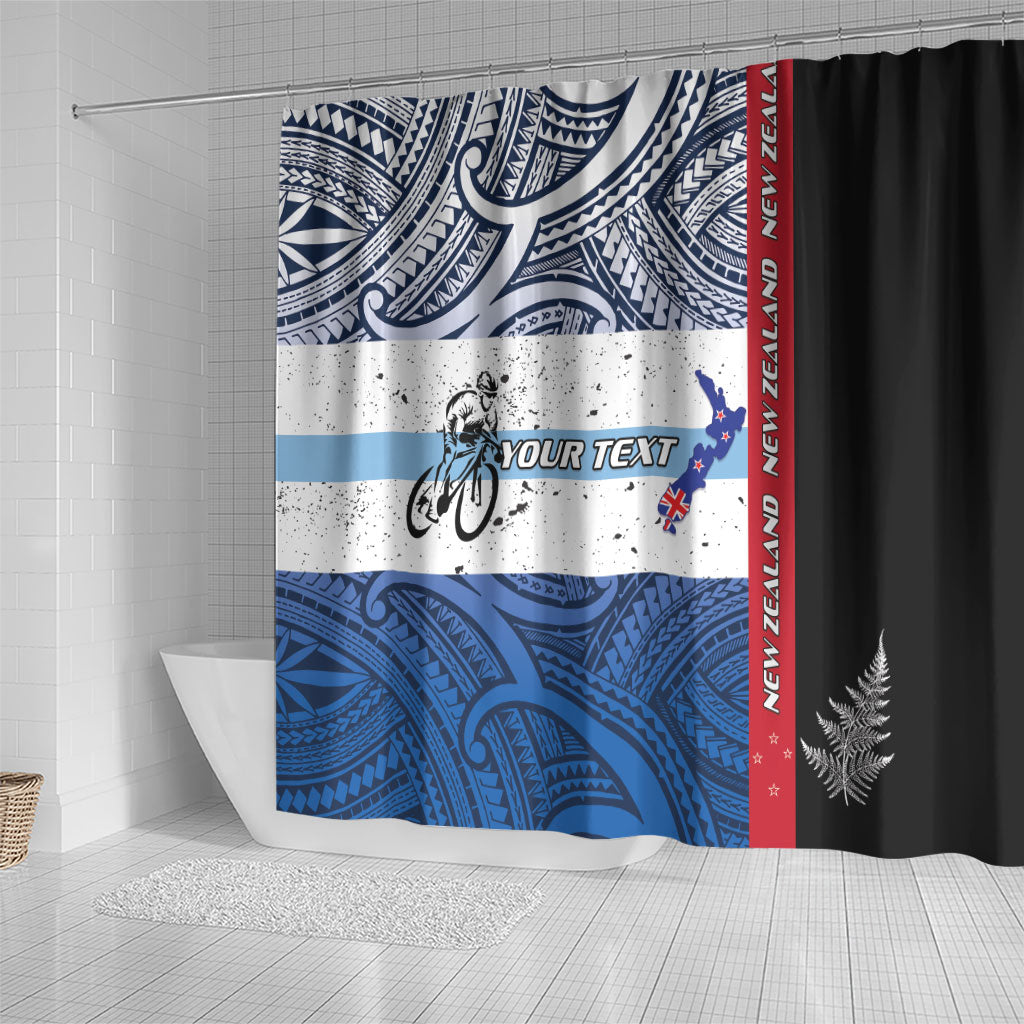 Personalised Cycling New Zealand Shower Curtain Aotearoa Map Fern Maori Pattern