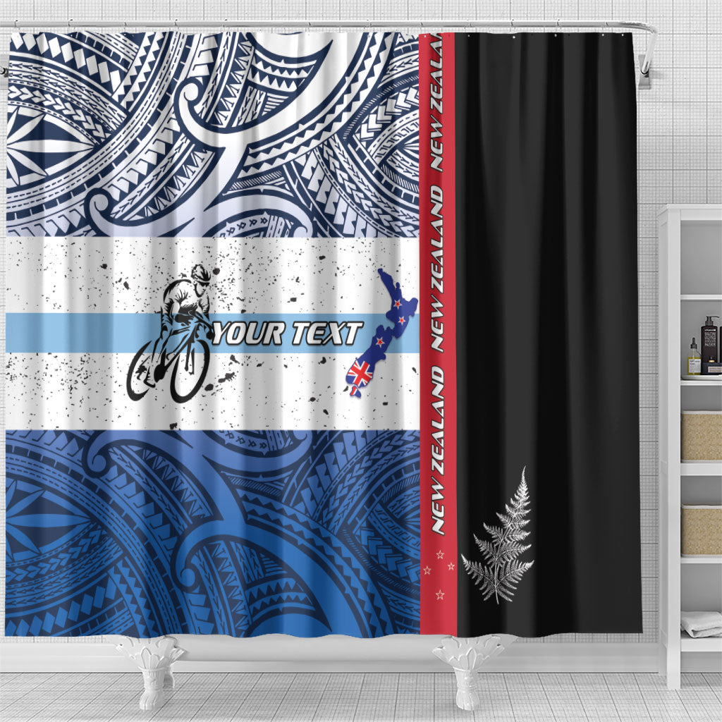 Personalised Cycling New Zealand Shower Curtain Aotearoa Map Fern Maori Pattern