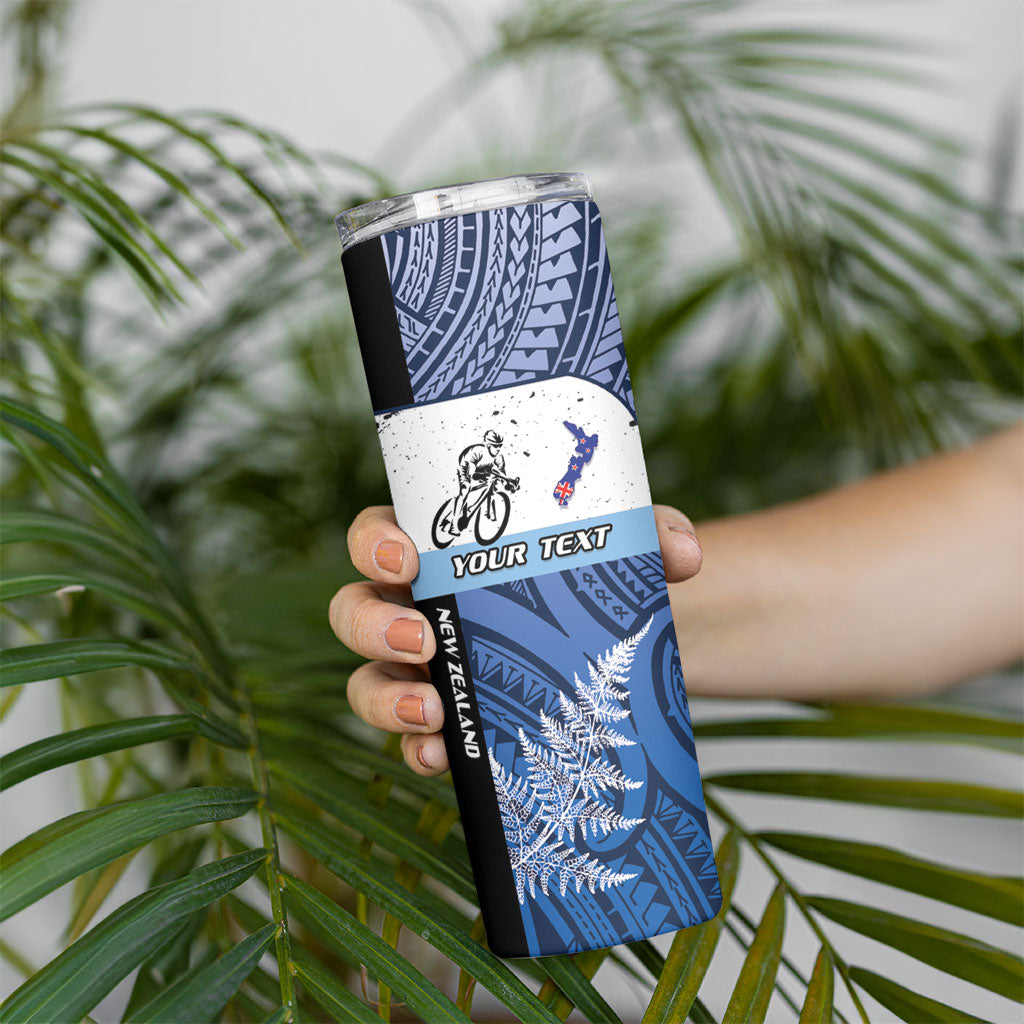 Personalised Cycling New Zealand Skinny Tumbler Aotearoa Map Fern Maori Pattern