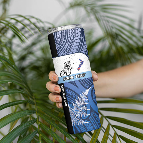 Personalised Cycling New Zealand Skinny Tumbler Aotearoa Map Fern Maori Pattern