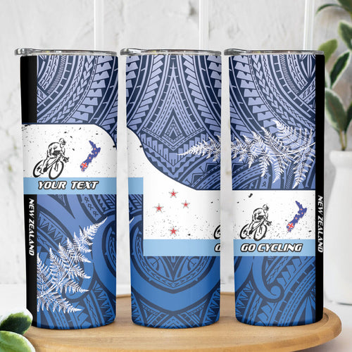 Personalised Cycling New Zealand Skinny Tumbler Aotearoa Map Fern Maori Pattern