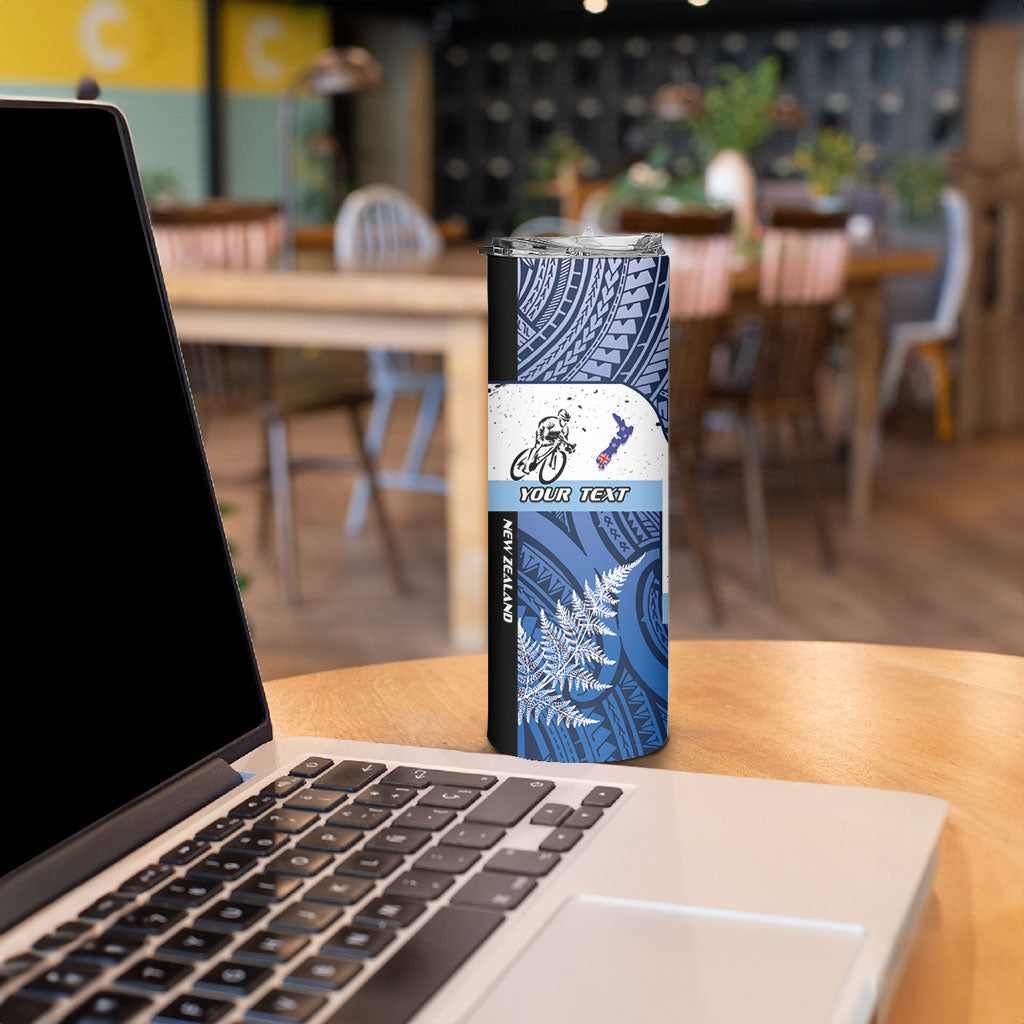 Personalised Cycling New Zealand Skinny Tumbler Aotearoa Map Fern Maori Pattern