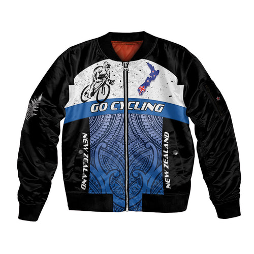 Personalised Cycling New Zealand Sleeve Zip Bomber Jacket Aotearoa Map Fern Maori Pattern
