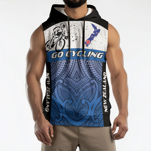 Personalised Cycling New Zealand Sleeveless Hoodie Aotearoa Map Fern Maori Pattern