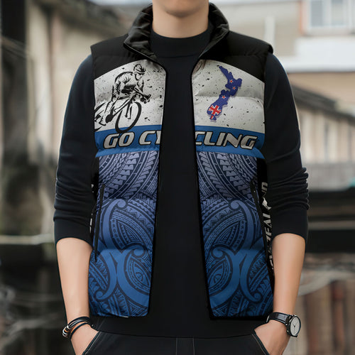 Personalised Cycling New Zealand Sleeveless Puffer Jacket Aotearoa Map Fern Maori Pattern