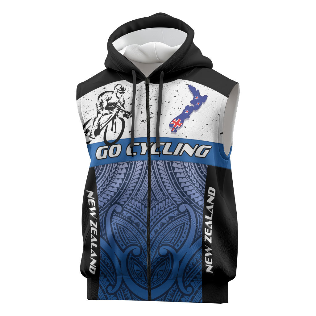 Personalised Cycling New Zealand Sleeveless Zip Hoodie Aotearoa Map Fern Maori Pattern