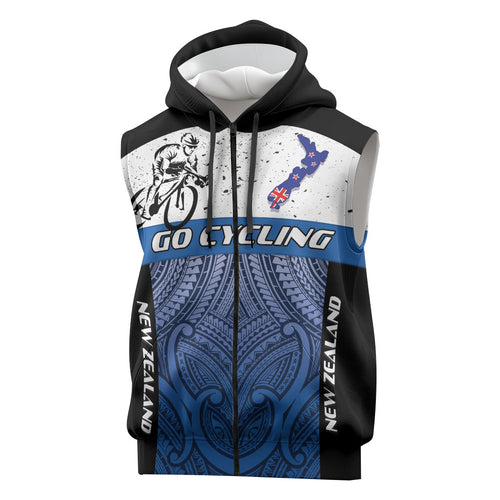 Personalised Cycling New Zealand Sleeveless Zip Hoodie Aotearoa Map Fern Maori Pattern