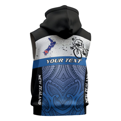 Personalised Cycling New Zealand Sleeveless Zip Hoodie Aotearoa Map Fern Maori Pattern