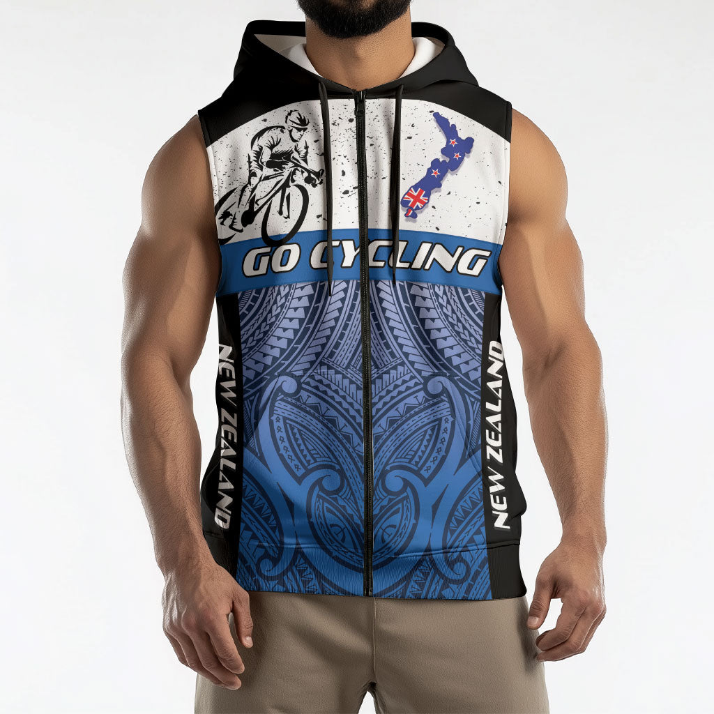 Personalised Cycling New Zealand Sleeveless Zip Hoodie Aotearoa Map Fern Maori Pattern