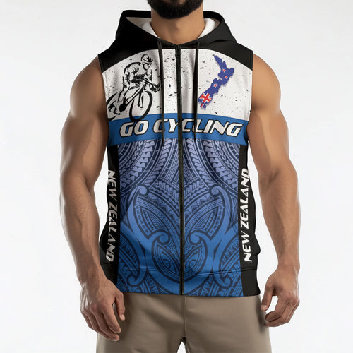 Personalised Cycling New Zealand Sleeveless Zip Hoodie Aotearoa Map Fern Maori Pattern