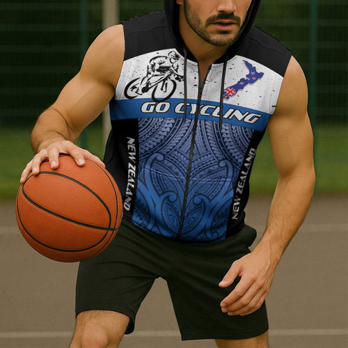 Personalised Cycling New Zealand Sleeveless Zip Hoodie Aotearoa Map Fern Maori Pattern