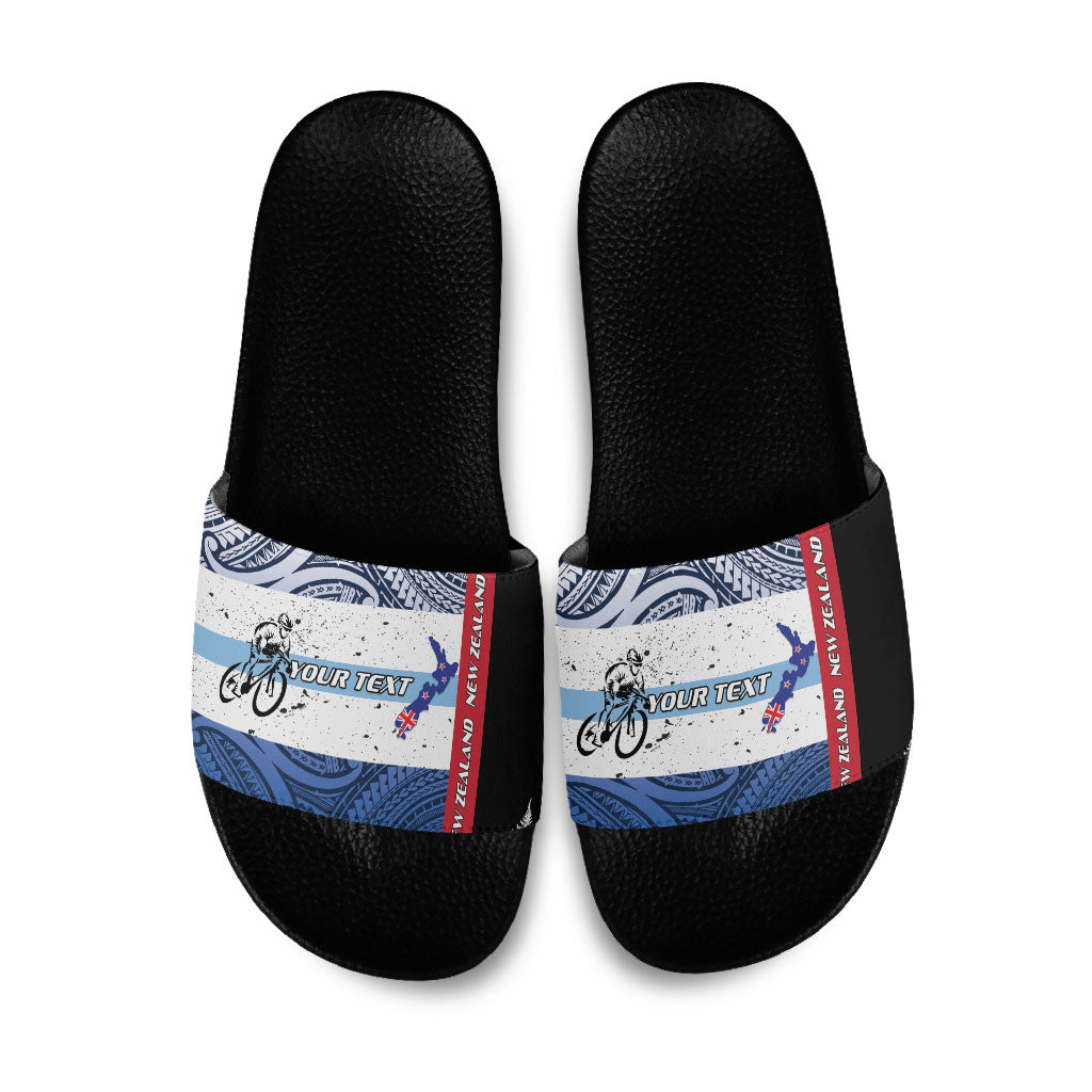 Personalised Cycling New Zealand Slide Sandals Aotearoa Map Fern Maori Pattern