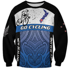 Personalised Cycling New Zealand Sweatshirt Aotearoa Map Fern Maori Pattern