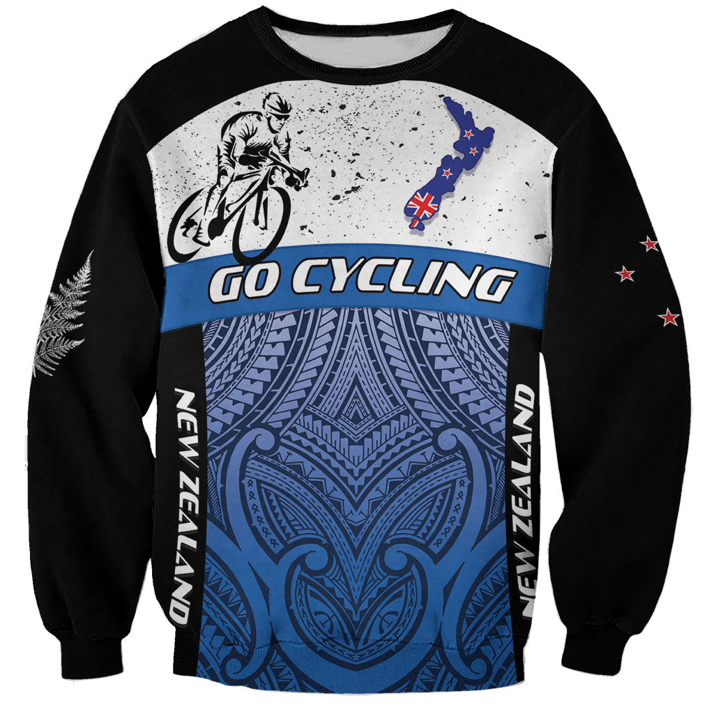 Personalised Cycling New Zealand Sweatshirt Aotearoa Map Fern Maori Pattern