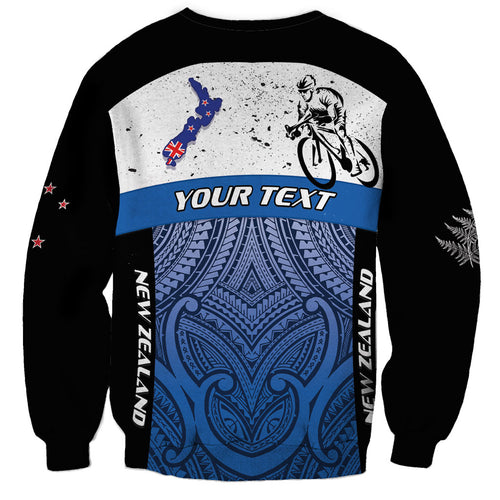 Personalised Cycling New Zealand Sweatshirt Aotearoa Map Fern Maori Pattern