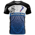 Personalised Cycling New Zealand T Shirt Aotearoa Map Fern Maori Pattern