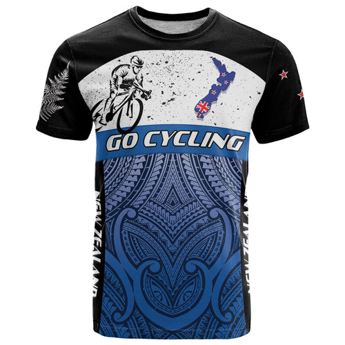 Personalised Cycling New Zealand T Shirt Aotearoa Map Fern Maori Pattern