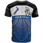 Personalised Cycling New Zealand T Shirt Aotearoa Map Fern Maori Pattern