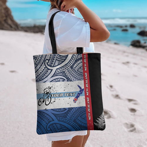 Personalised Cycling New Zealand Tote Bag Aotearoa Map Fern Maori Pattern